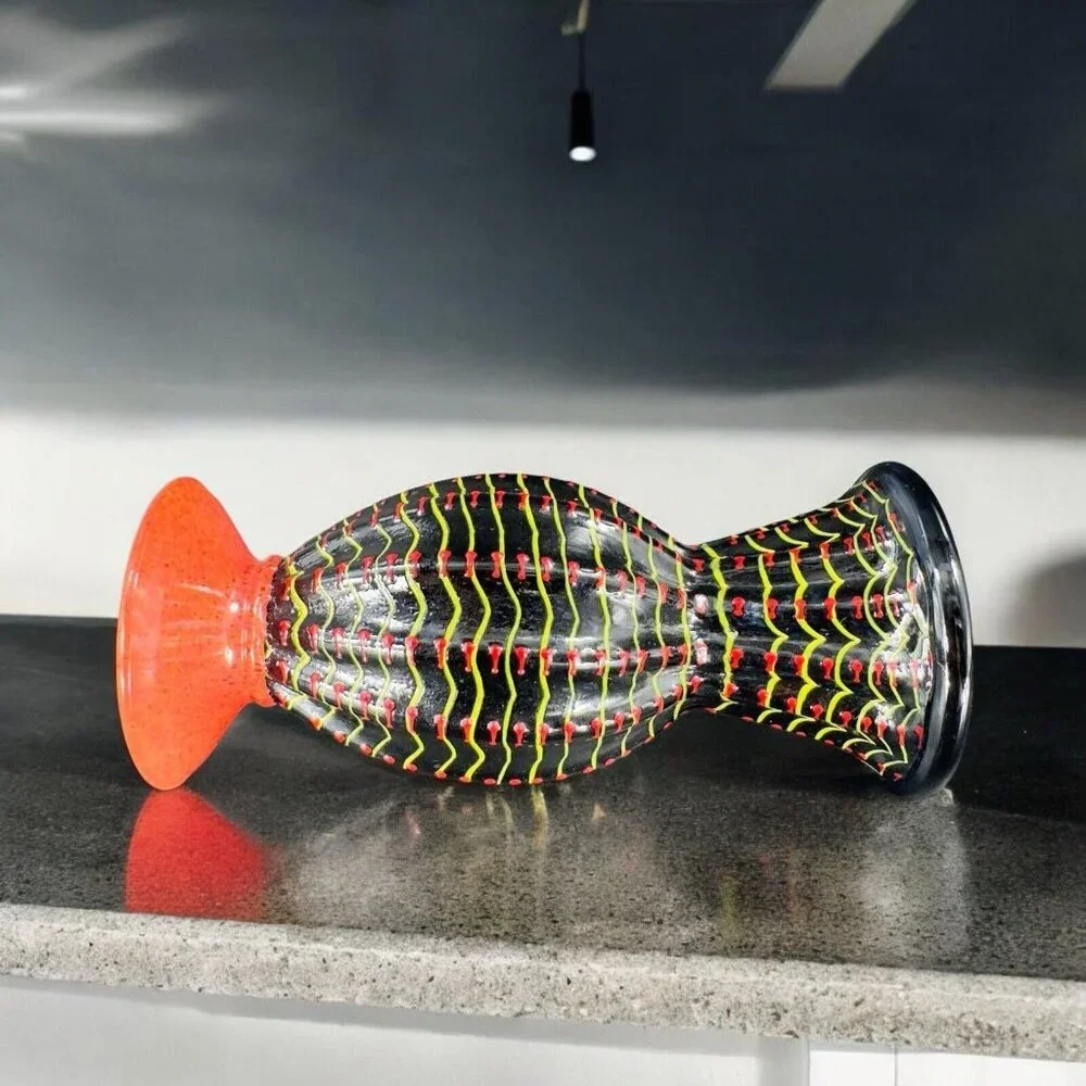 Hand Blown Studio Art Glass Vase Halloween‎ Decor Artist Signed Red Black Spider